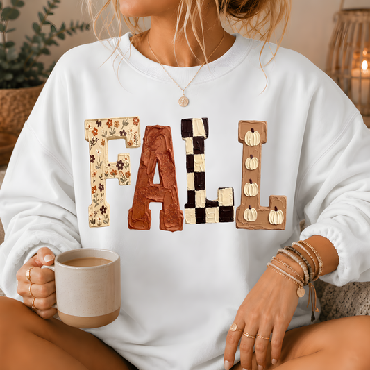 Fall Patchwork Print Crewneck Sweatshirt