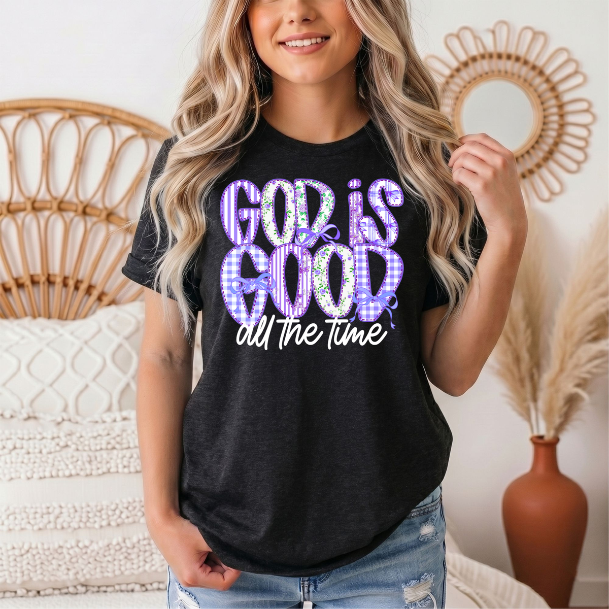 God Is Good All the Time Purple Bow Graphic Tee