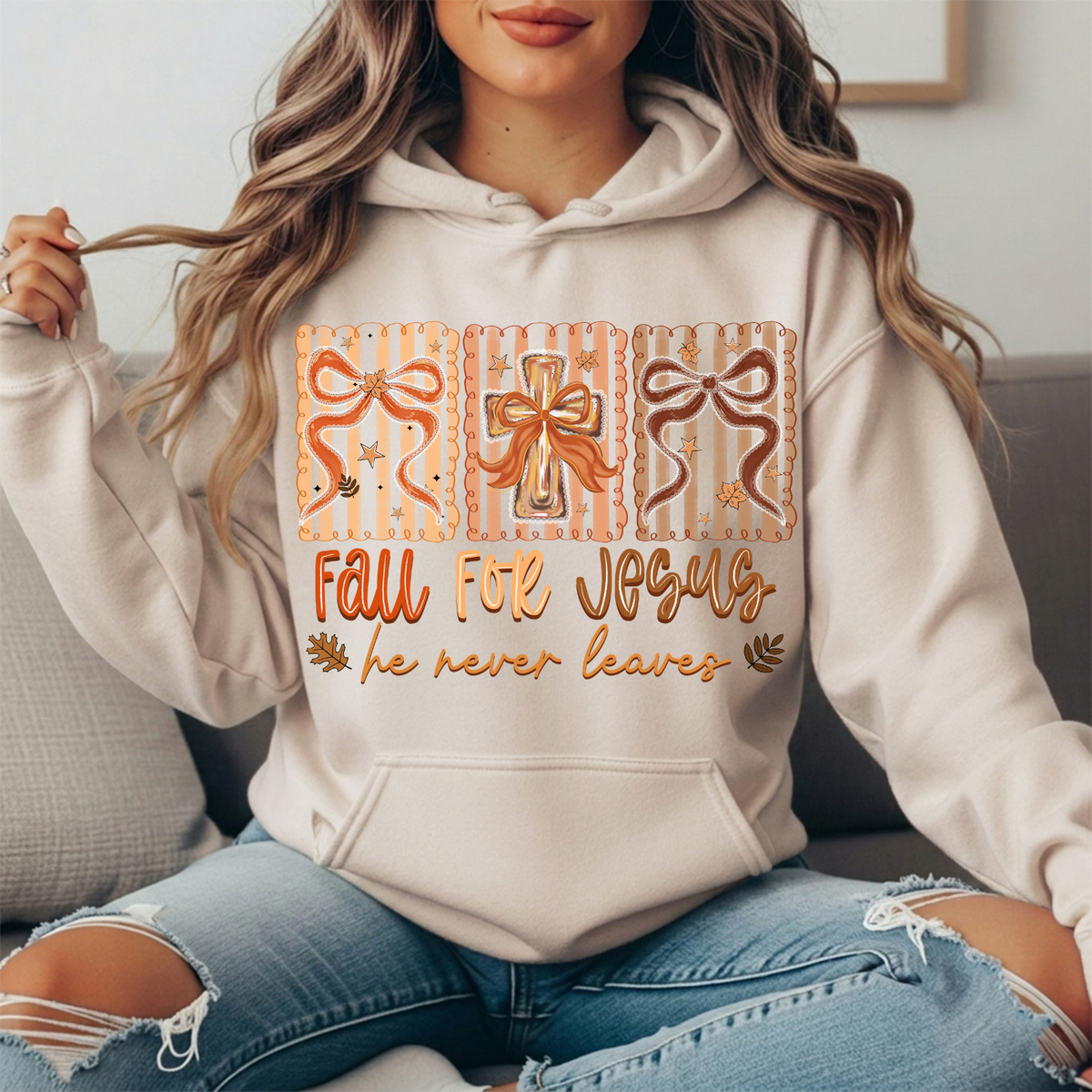 Fall for Jesus He Never Leaves Bow Cross Graphic Hoodie
