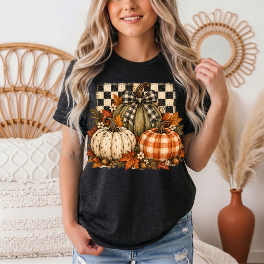 Rustic Fall Pumpkin Trio & Gingham Bow Graphic Tee