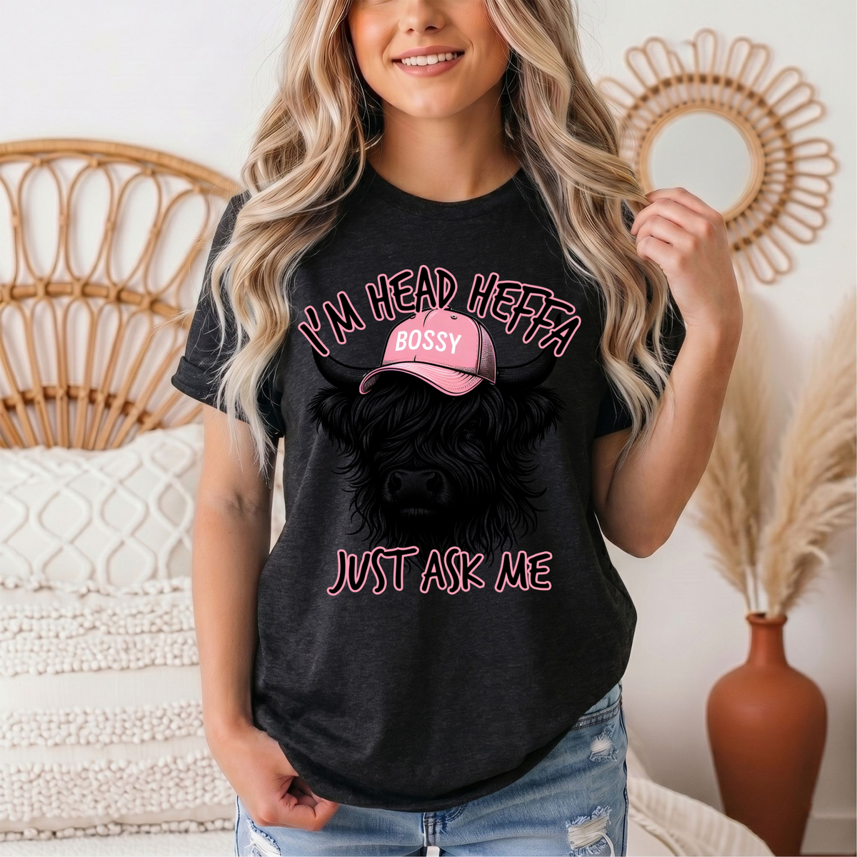 I'm Head Heffa Highland Cow Pink Bossy Cap Graphic Tee