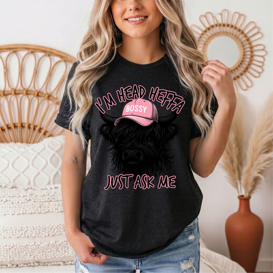 I'm Head Heffa Highland Cow Pink Bossy Cap Graphic Tee