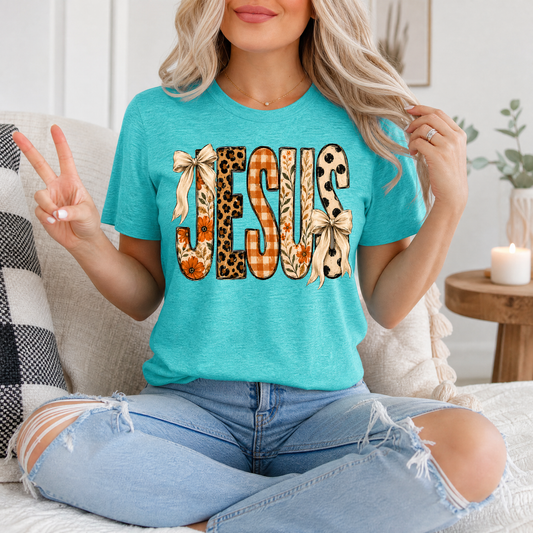 Jesus Floral, Leopard & Gingham Bow Graphic Tee