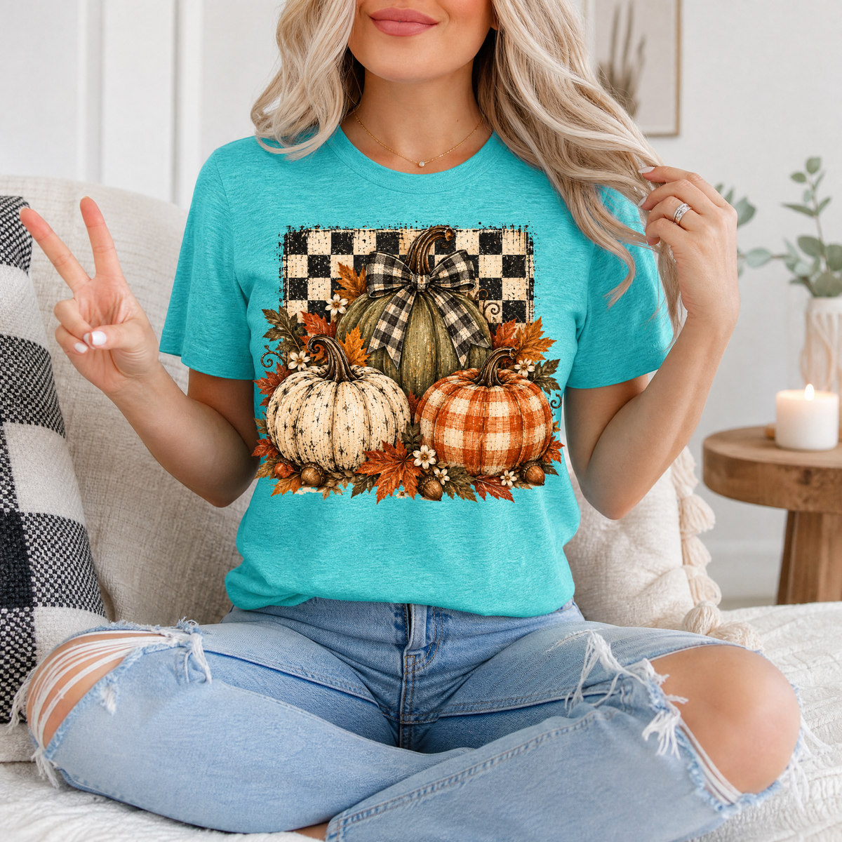 Rustic Fall Pumpkin Trio & Gingham Bow Graphic Tee