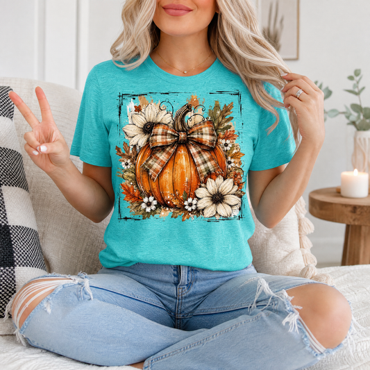 Fall Pumpkin Floral & Plaid Bow Graphic Tee