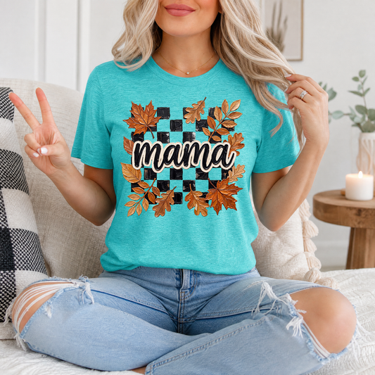 Mama Fall Leaves & Checkerboard Graphic Tee