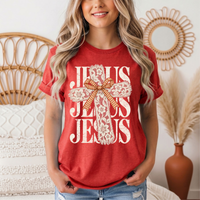 Jesus Lace Cross & Gingham Bow Christian Graphic Tee