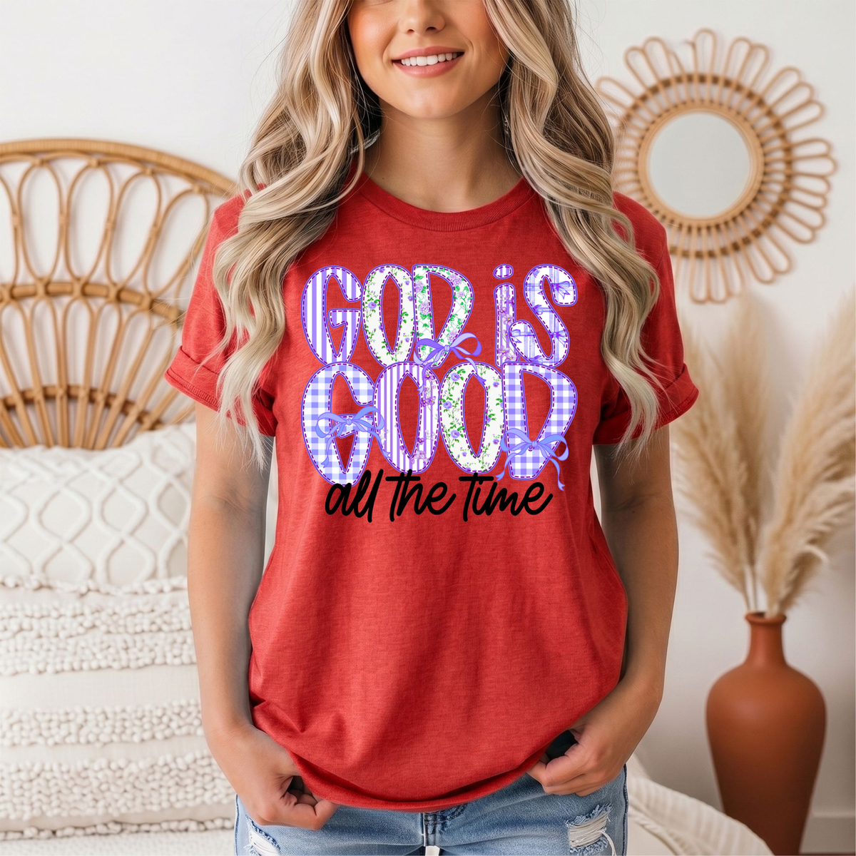God Is Good All the Time Purple Bow Graphic Tee