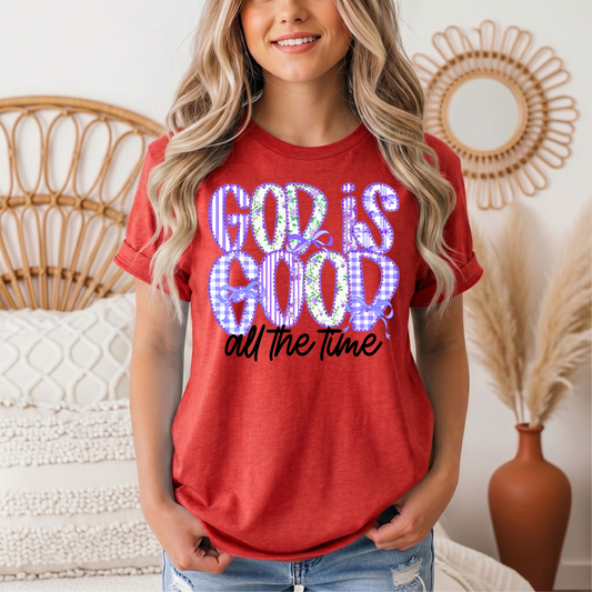 God Is Good All the Time Purple Bow Graphic Tee