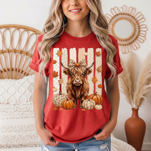 Fall Highland Cow Leopard Bow & Pumpkin Graphic Tee