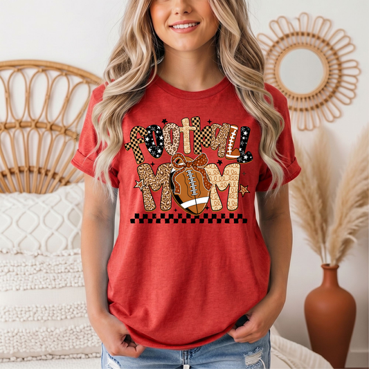 Football Mom Mixed Print Bow & Checkerboard Graphic Tee