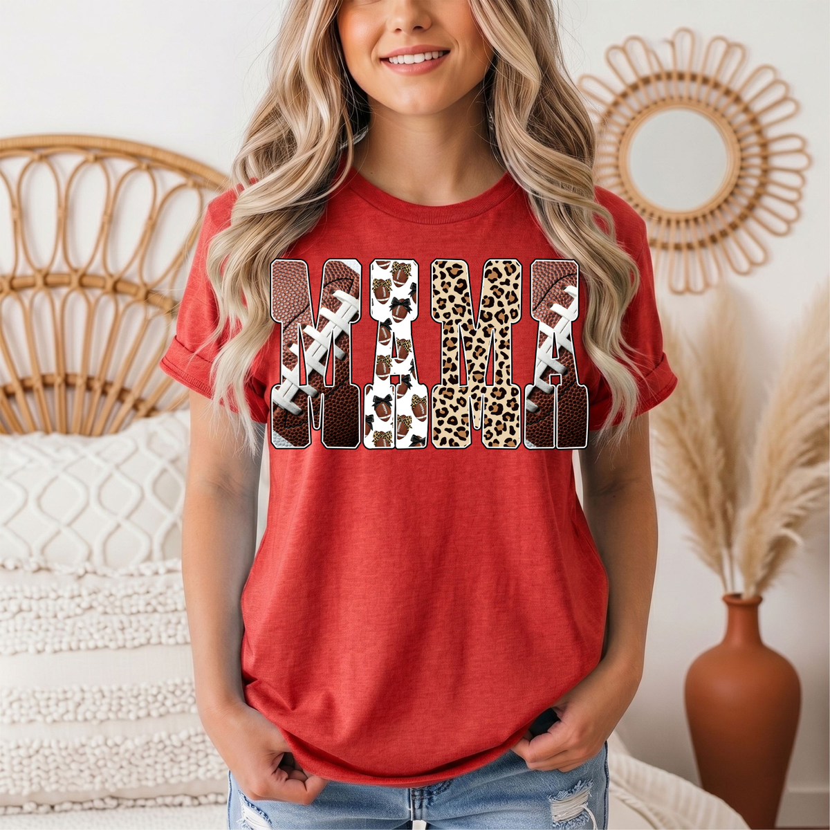 Mama Football & Leopard Mixed Print Graphic Tee