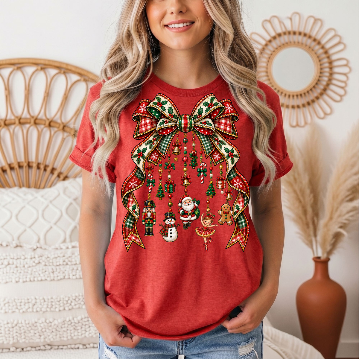 Christmas Plaid Bow & Holiday Charms Graphic Tee