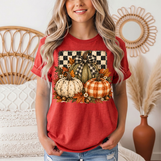 Rustic Fall Pumpkin Trio & Gingham Bow Graphic Tee