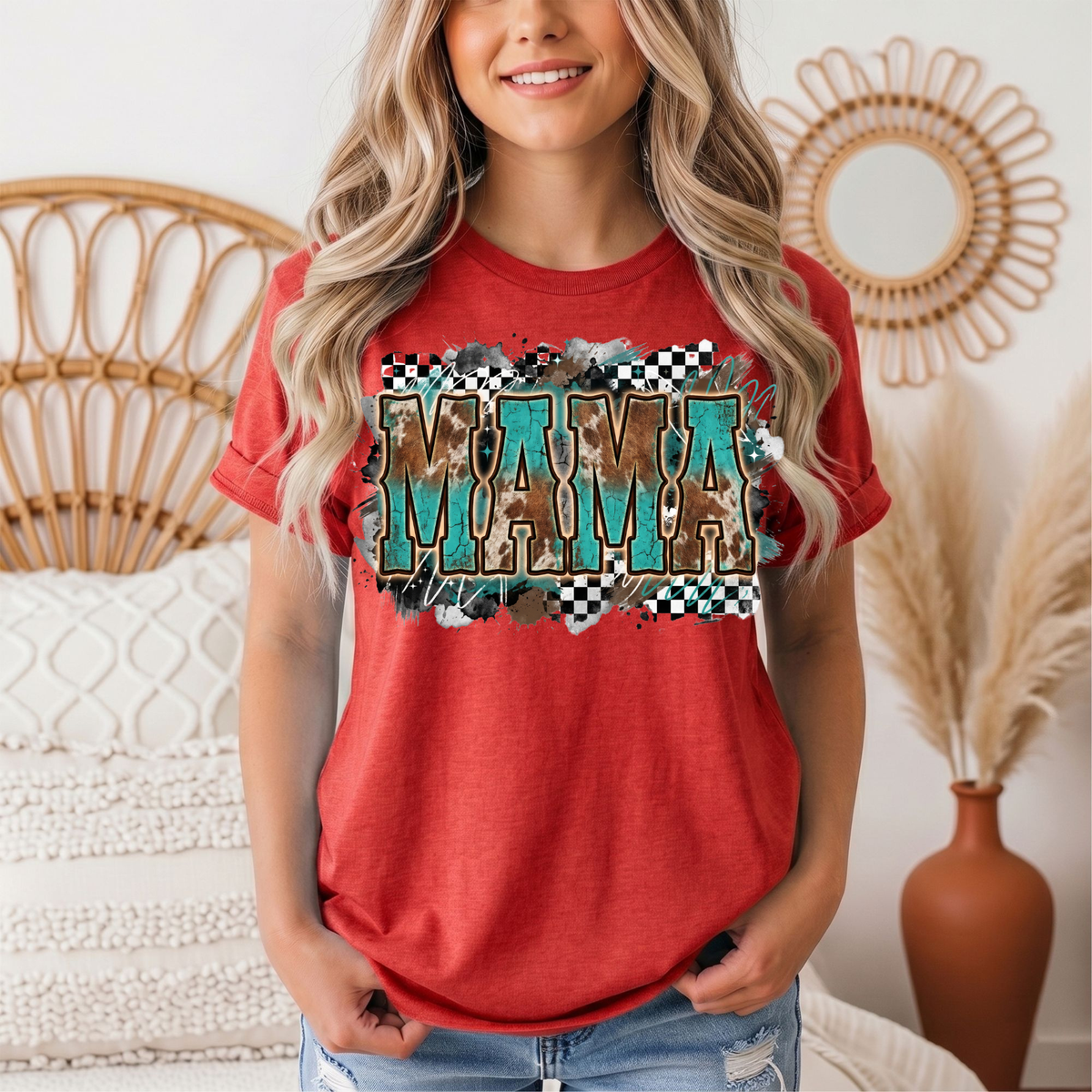 Turquoise & Cow Print Mama Western Graphic Tee