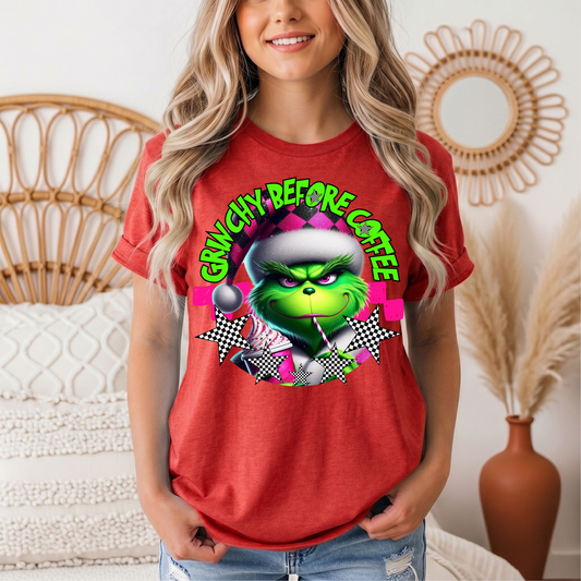 Grinchy Before Coffee Pink Checkerboard Christmas Graphic Tee