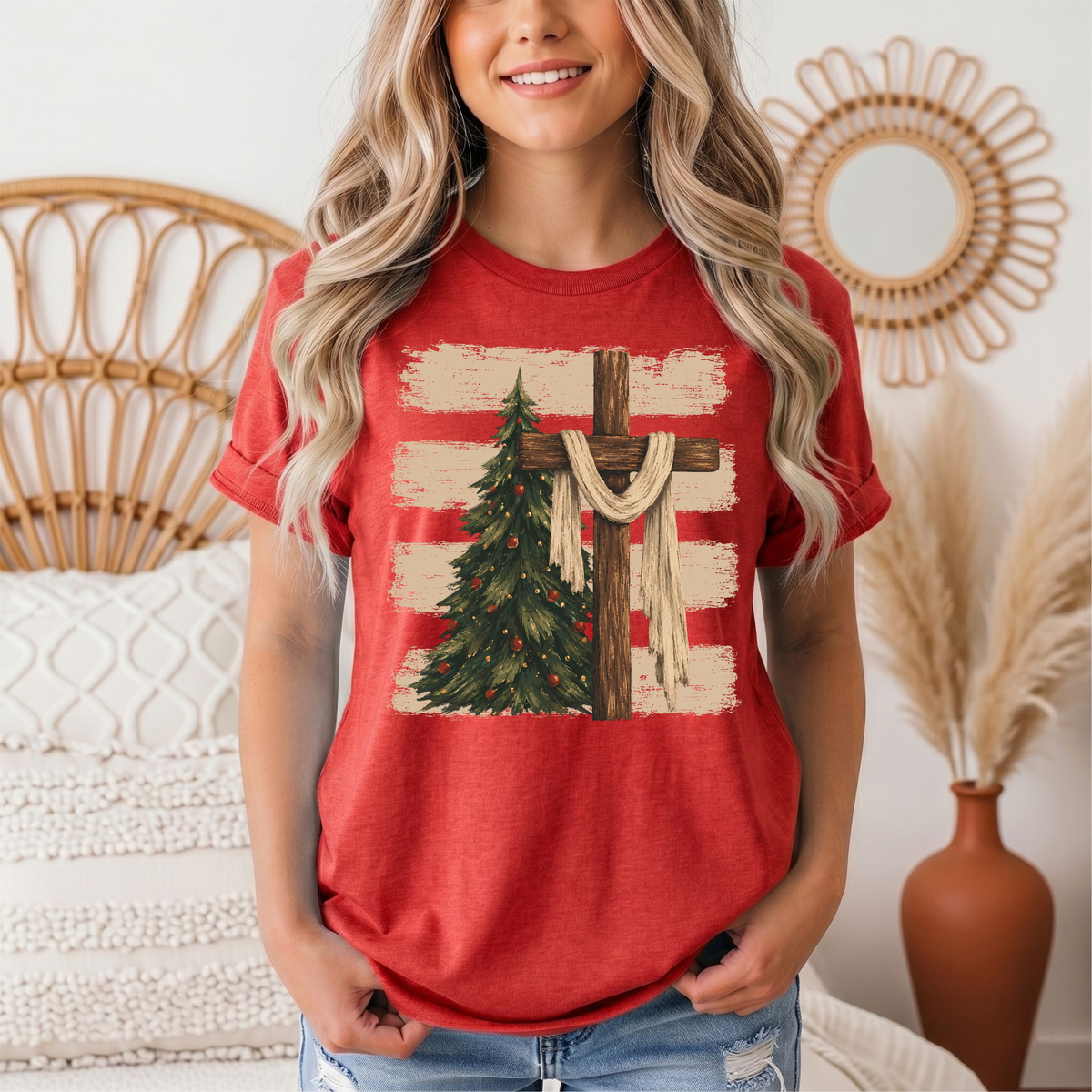 Rustic Cross & Christmas Tree Christian Graphic Tee