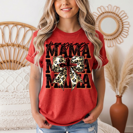 Praying Mama Leopard Bow & Cross Graphic Tee