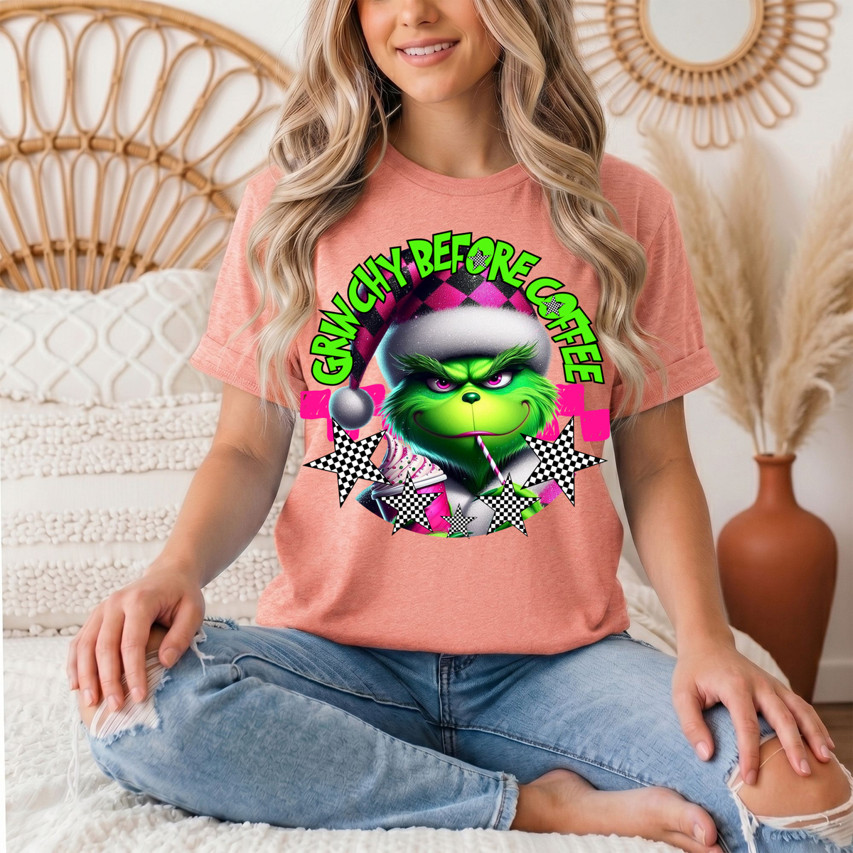 Grinchy Before Coffee Pink Checkerboard Christmas Graphic Tee