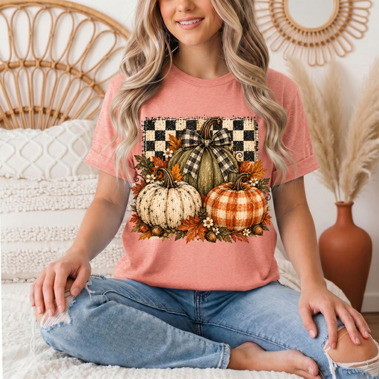 Rustic Fall Pumpkin Trio & Gingham Bow Graphic Tee
