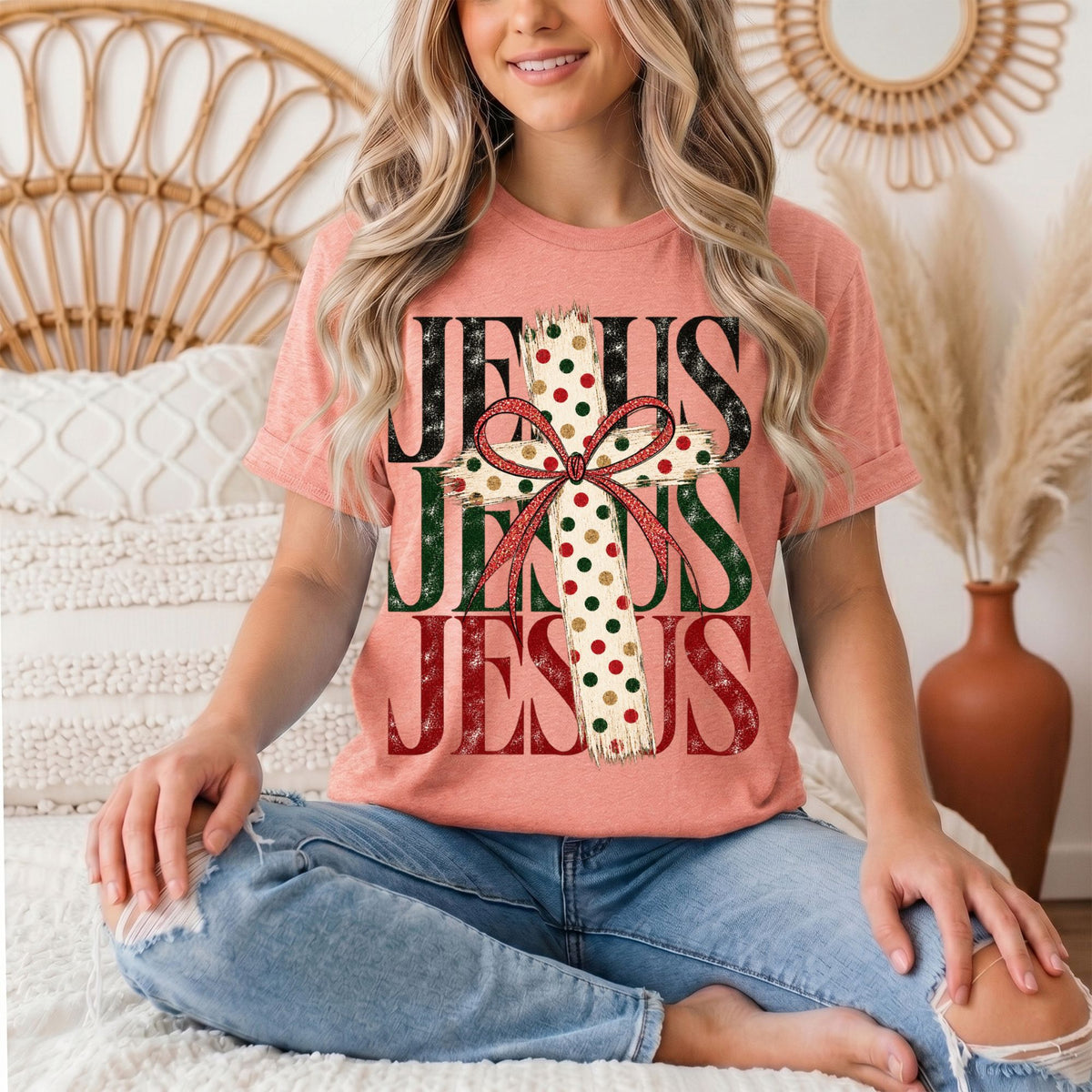 Jesus Christmas Cross & Bow Graphic Tee