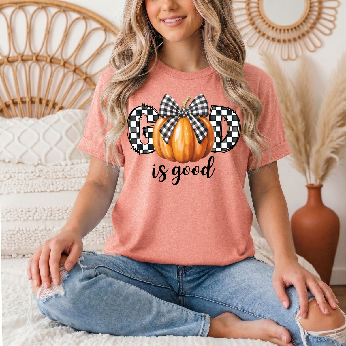 God Is Good Pumpkin & Gingham Bow Graphic Tee