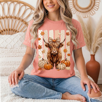Fall Highland Cow Leopard Bow & Pumpkin Graphic Tee