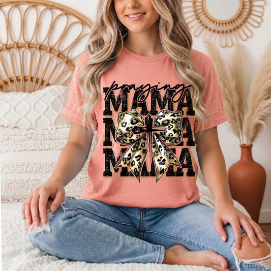 Praying Mama Leopard Bow & Cross Graphic Tee