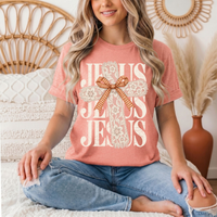Jesus Lace Cross & Gingham Bow Christian Graphic Tee