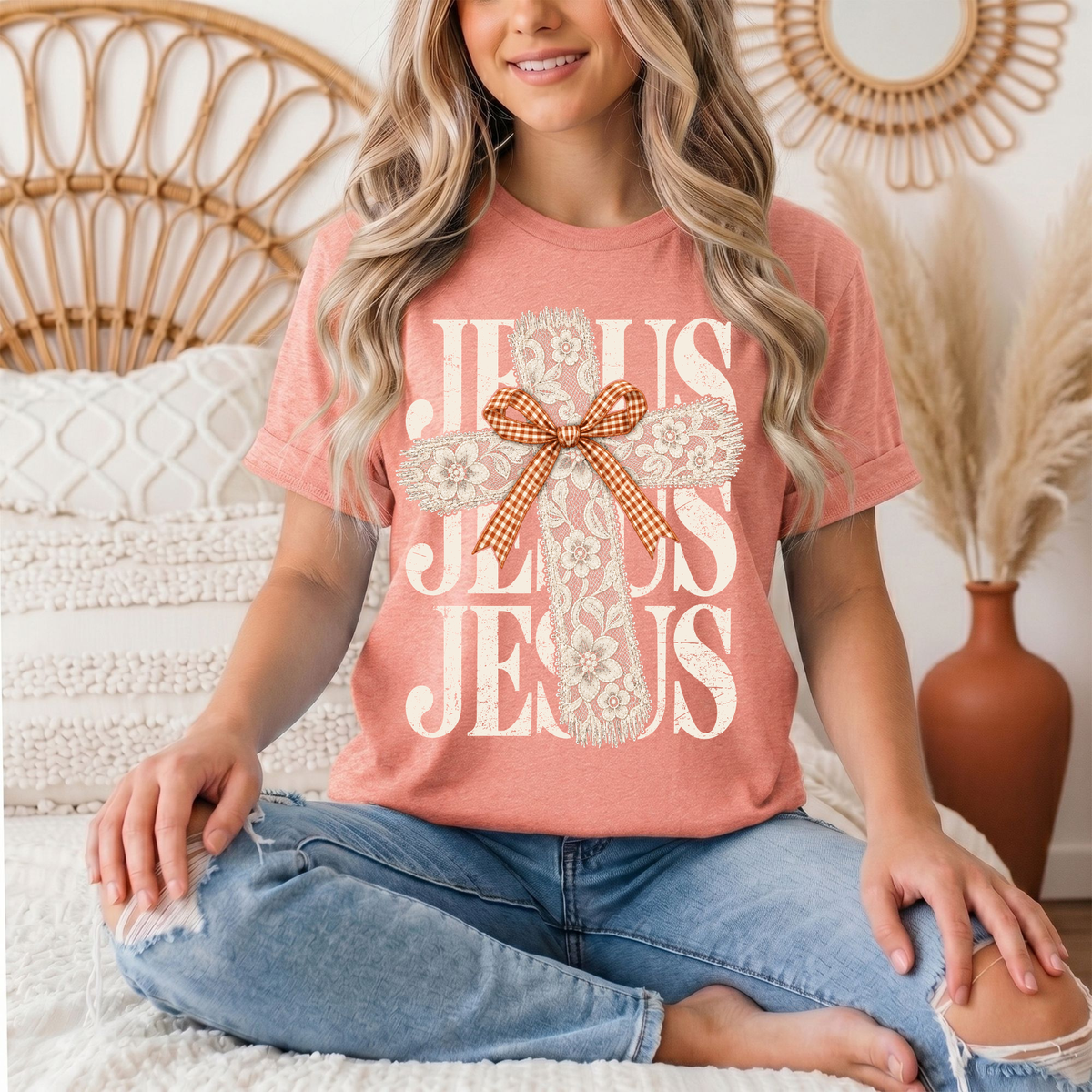 Jesus Lace Cross & Gingham Bow Christian Graphic Tee