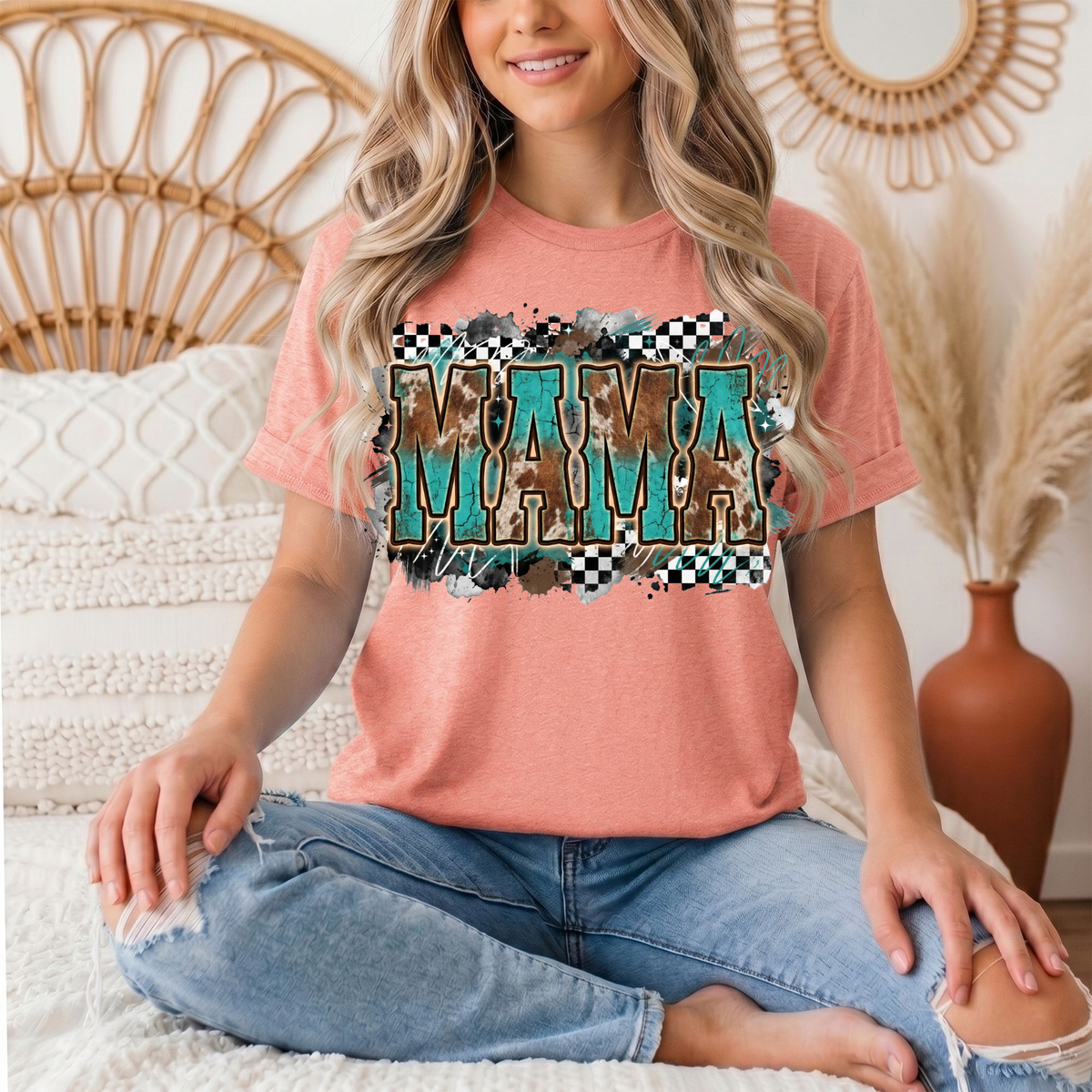 Turquoise & Cow Print Mama Western Graphic Tee