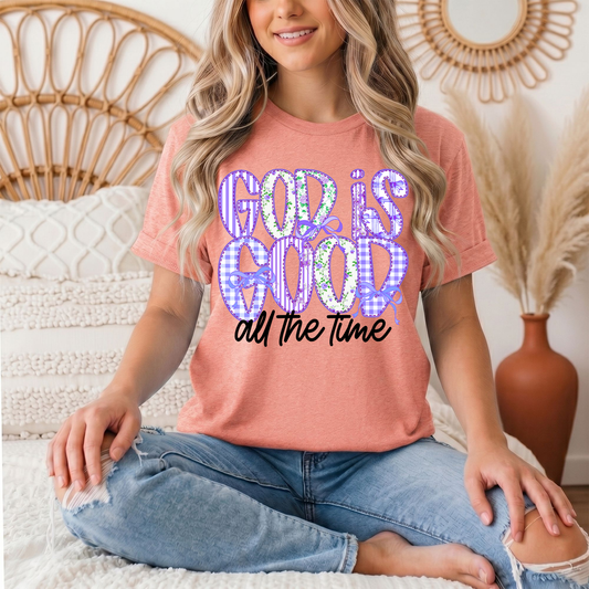 God Is Good All the Time Purple Bow Graphic Tee