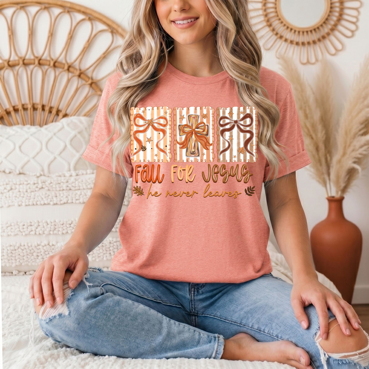 Fall for Jesus He Never Leaves Christian Graphic Tee