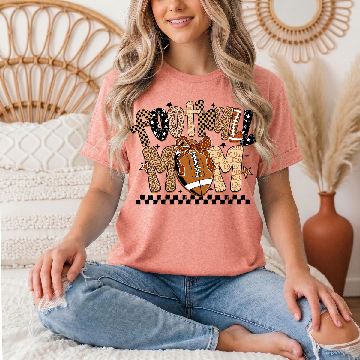 Football Mom Mixed Print Bow & Checkerboard Graphic Tee