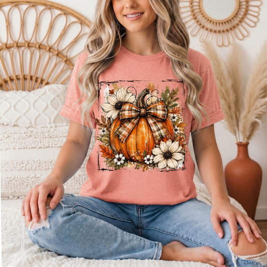 Fall Pumpkin Floral & Plaid Bow Graphic Tee