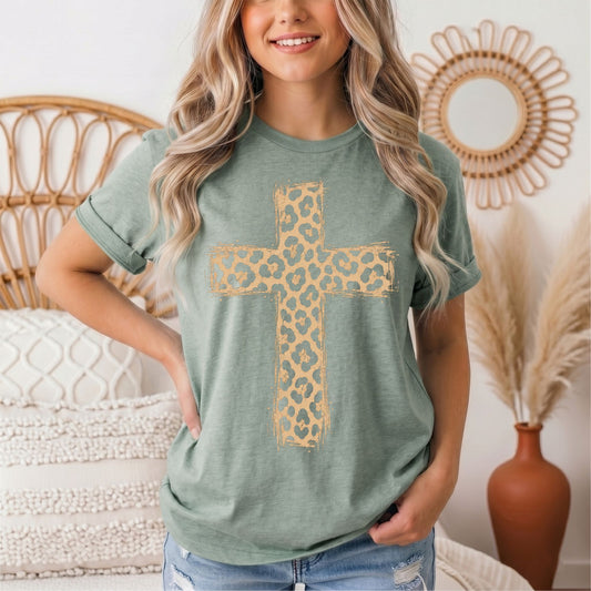 Leopard Print Cross Christian Graphic Tee