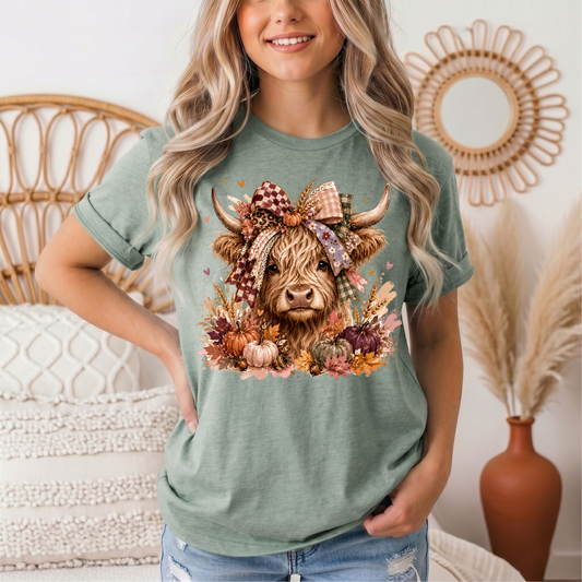 Fall Highland Cow Bow & Pumpkins Graphic Tee