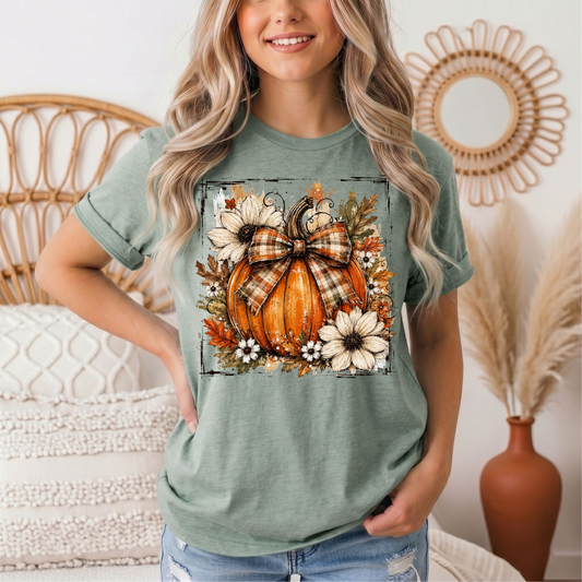 Fall Pumpkin Floral & Plaid Bow Graphic Tee