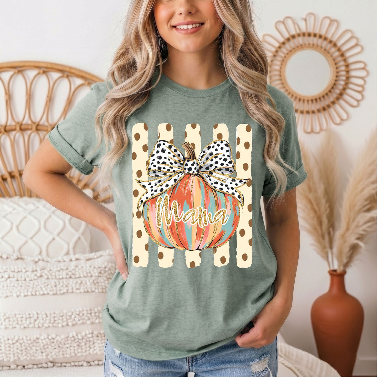 Mama Pumpkin & Spotted Bow Fall Graphic Tee