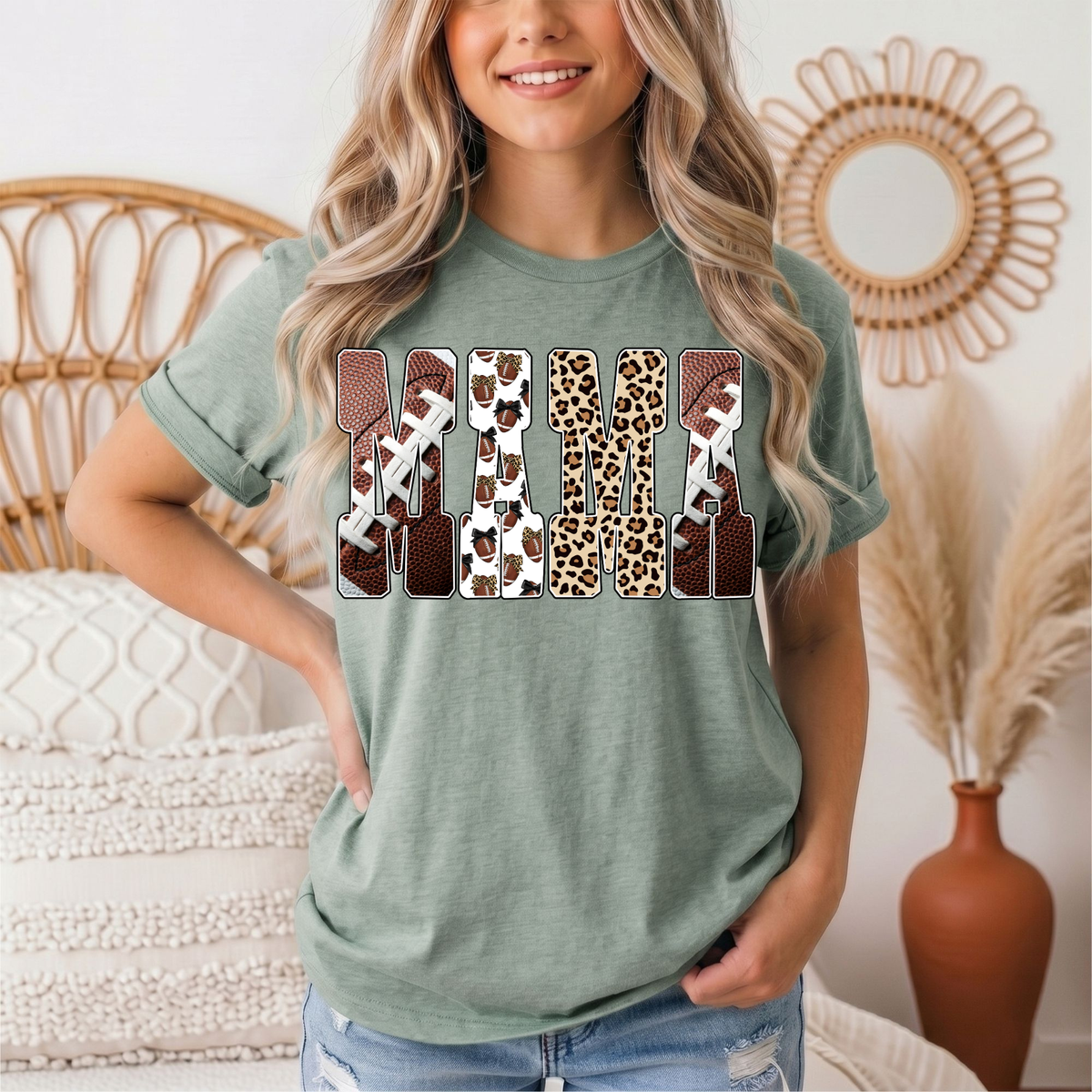 Mama Football & Leopard Mixed Print Graphic Tee