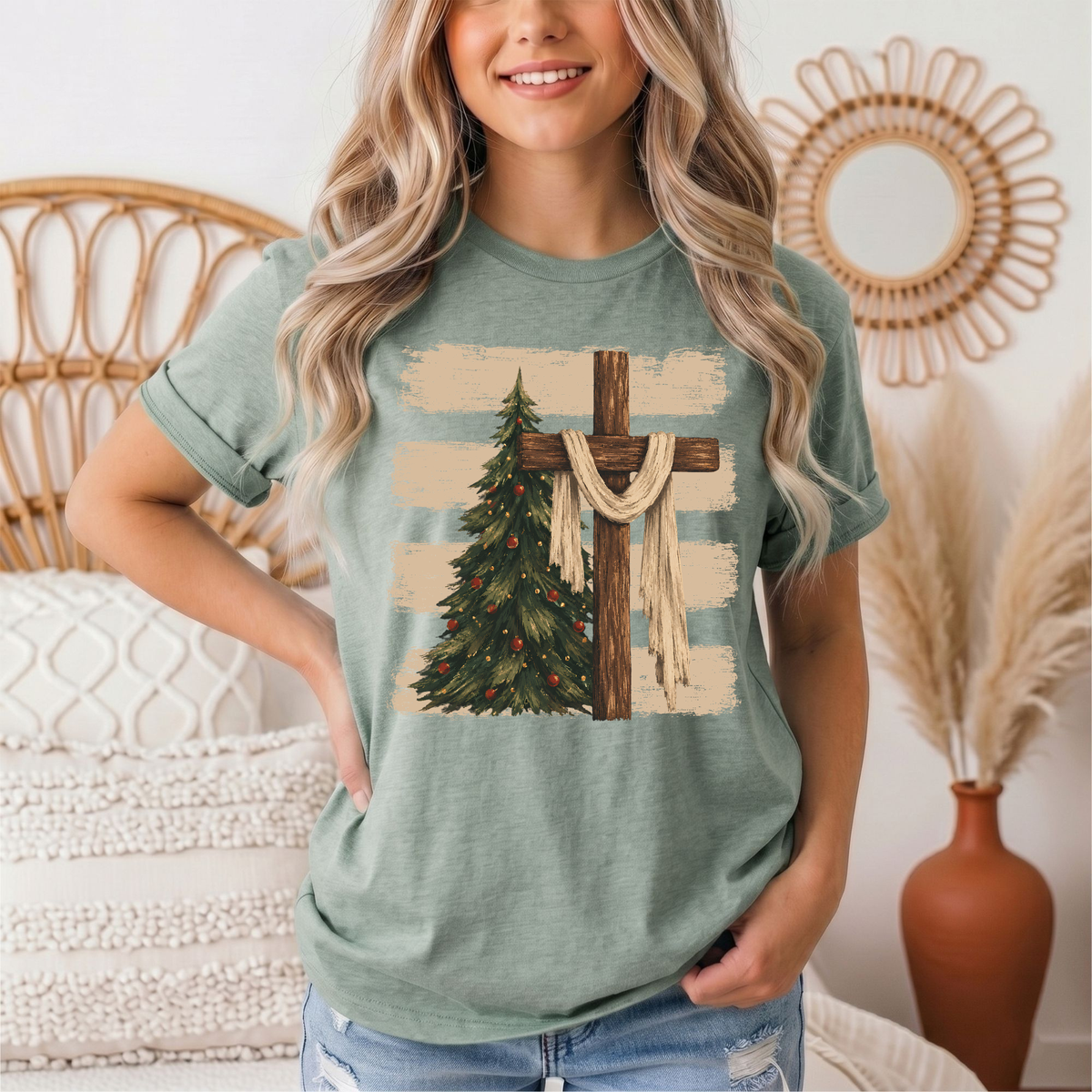 Rustic Cross & Christmas Tree Christian Graphic Tee