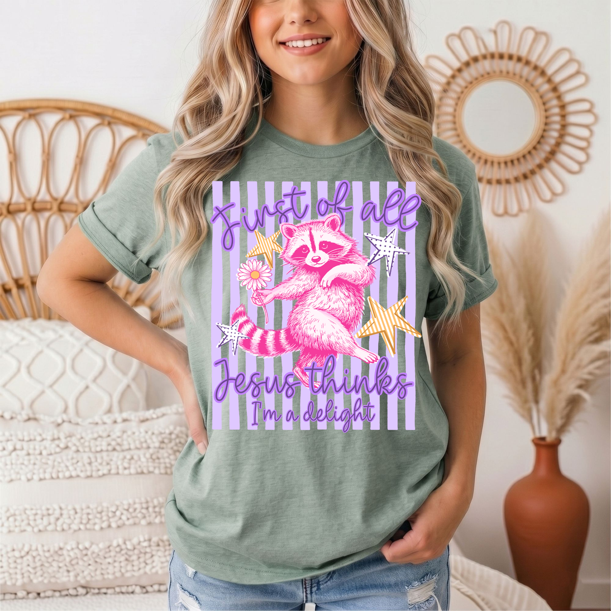 Jesus Thinks I'm a Delight Pink Raccoon Graphic Tee