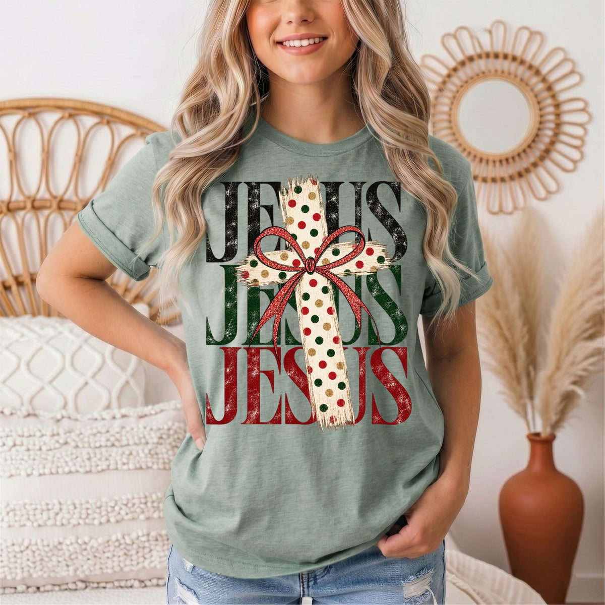 Jesus Christmas Cross & Bow Graphic Tee