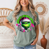 Grinchy Before Coffee Pink Checkerboard Christmas Graphic Tee