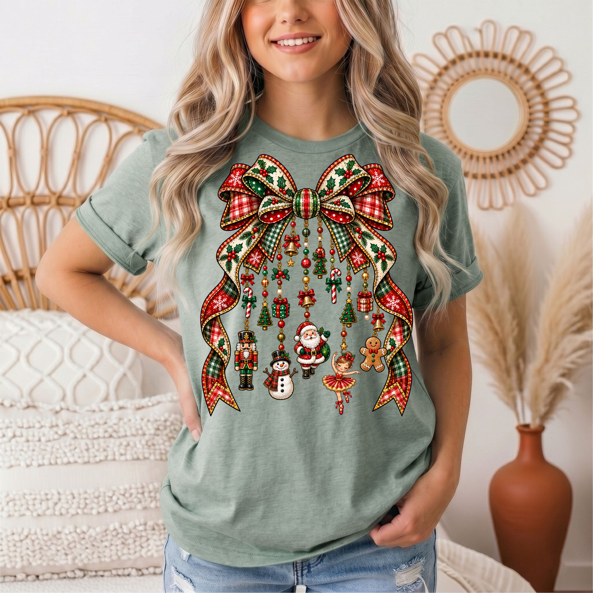 Christmas Plaid Bow & Holiday Charms Graphic Tee