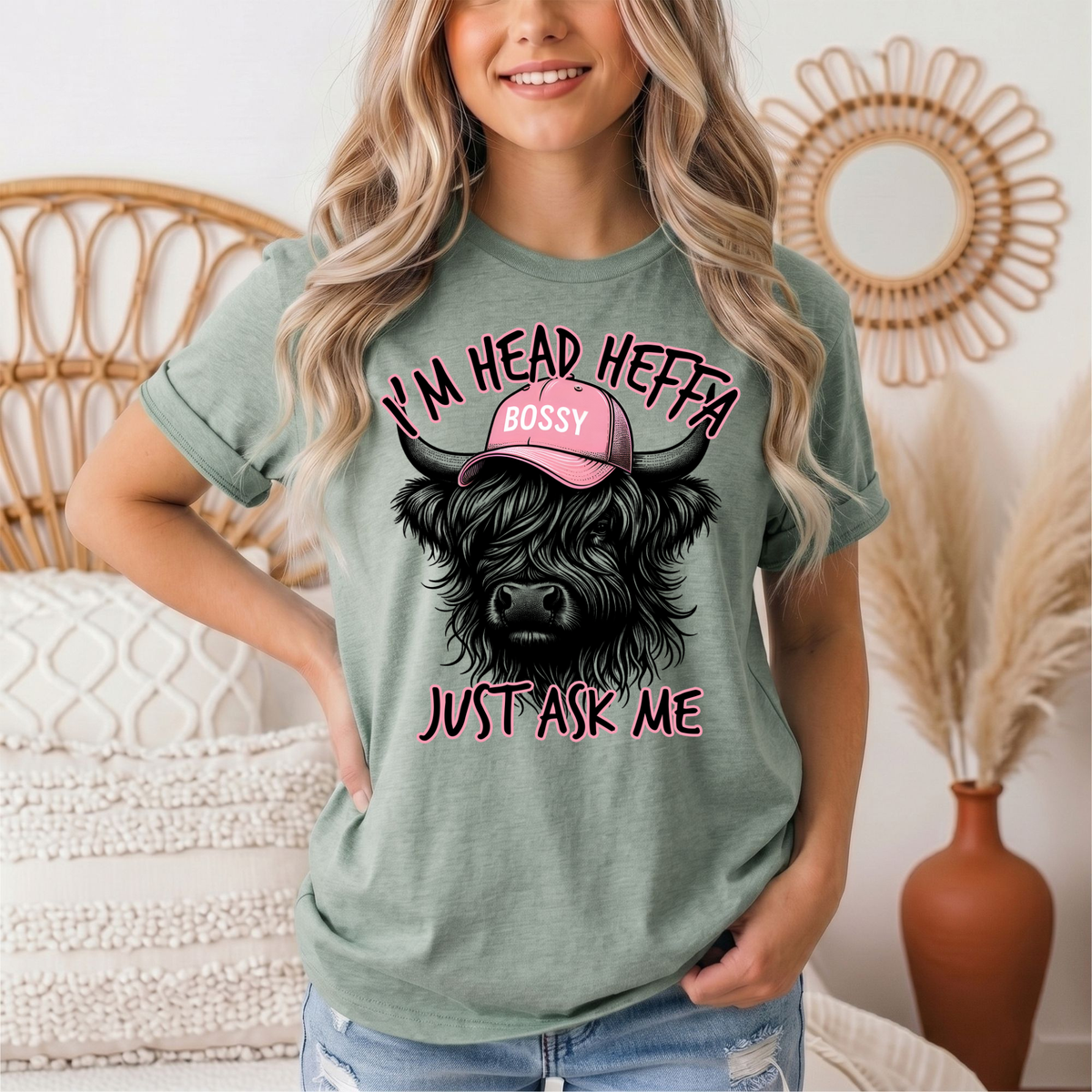 I'm Head Heffa Highland Cow Pink Bossy Cap Graphic Tee