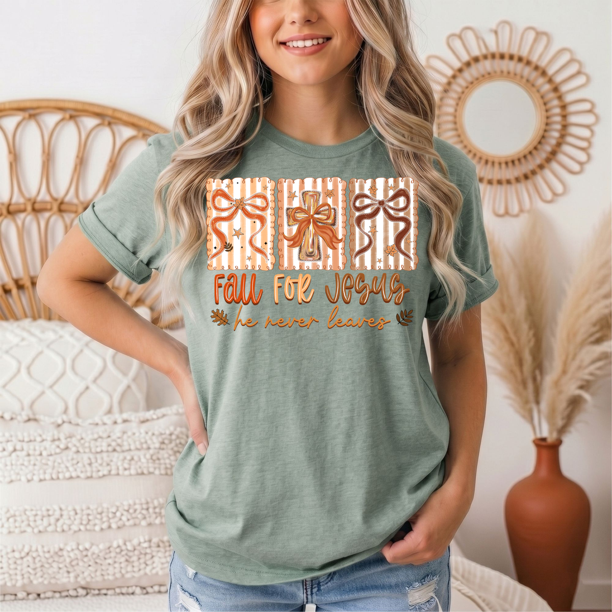 Fall for Jesus He Never Leaves Christian Graphic Tee