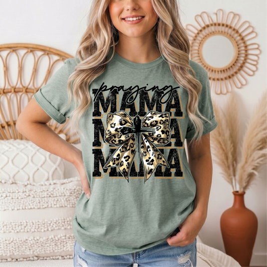 Praying Mama Leopard Bow & Cross Graphic Tee