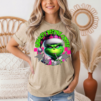 Grinchy Before Coffee Pink Checkerboard Christmas Graphic Tee