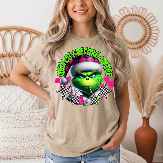 Grinchy Before Coffee Pink Checkerboard Christmas Graphic Tee